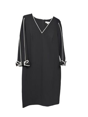 Calvin Klein Black V-Neck Sheath Dress with White Piped Bow Trim